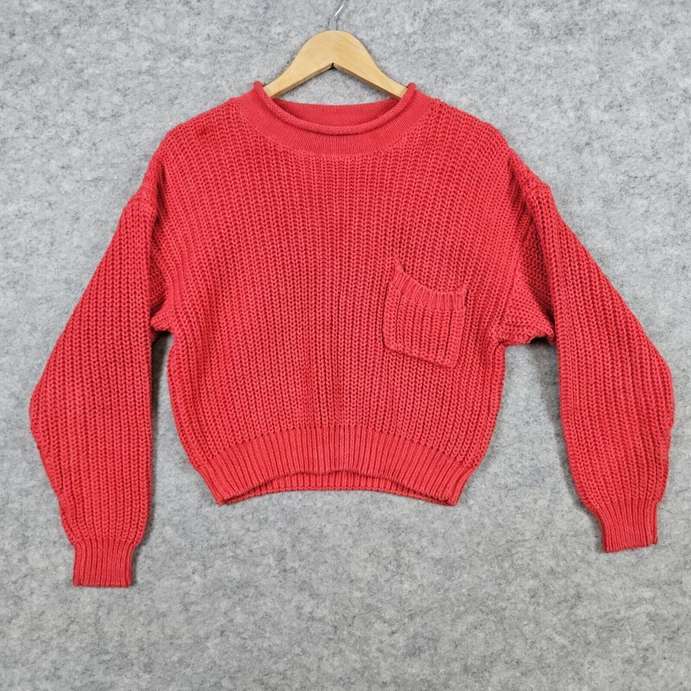 Bibesco‎ Women's Red Knit Sweater Size M Pocket Cotton Ramie Vintage SPOT